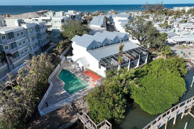 bird's eye view with a water view