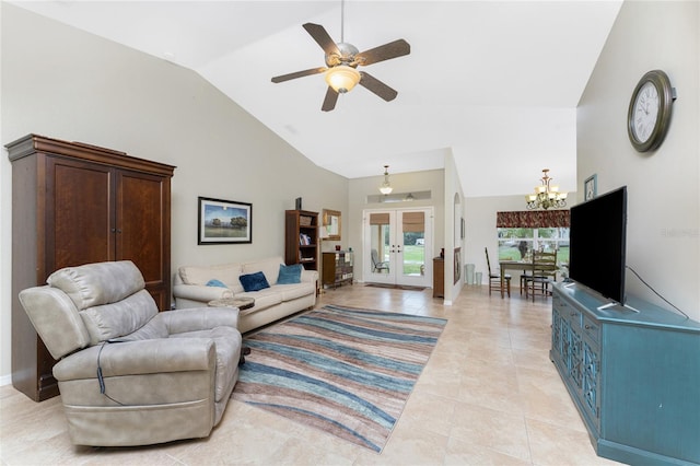 living room with ceiling fan with notable chandelier, light tile patterned flooring, french doors, and high vaulted ceiling