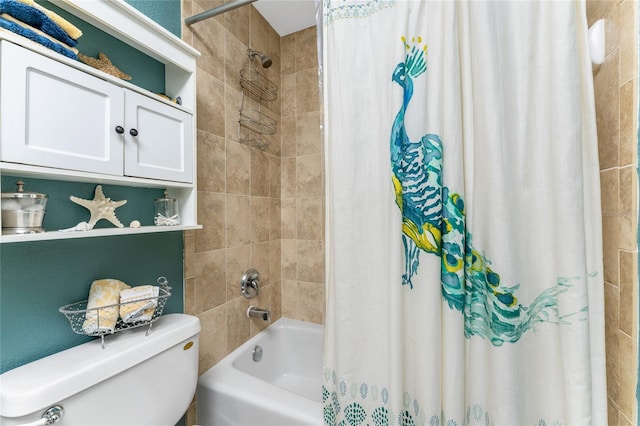 bathroom featuring toilet and shower / tub combo with curtain