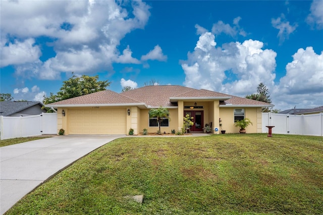 view of front of house featuring stucco siding, driveway, a front lawn, and a gate