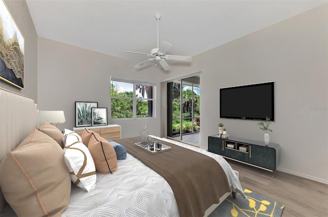 bedroom with access to exterior, ceiling fan, and light hardwood / wood-style floors