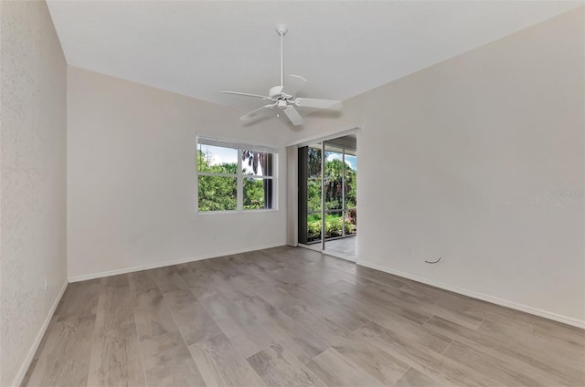 unfurnished room with ceiling fan and light wood-type flooring