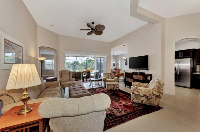 living room featuring ceiling fan