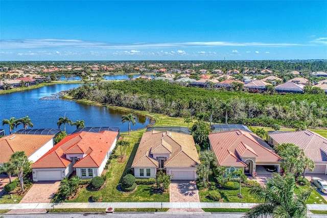 aerial view featuring a water view