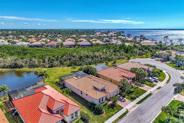 bird's eye view with a water view