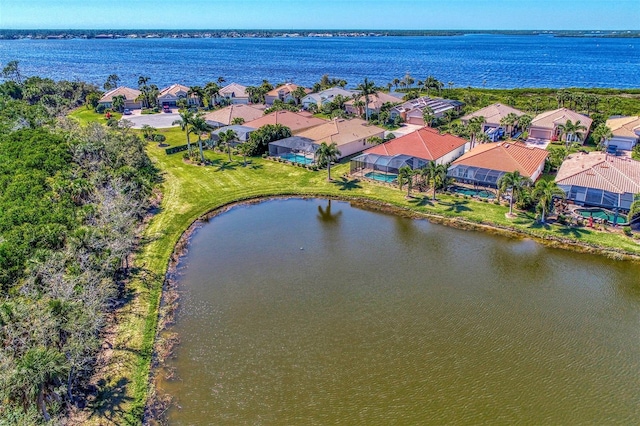 bird's eye view with a water view