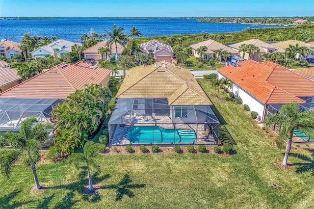 drone / aerial view featuring a water view