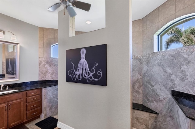 bathroom with a shower, plenty of natural light, and vanity