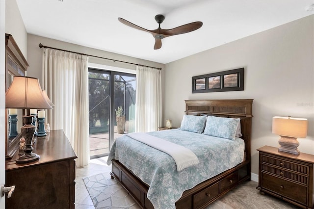 bedroom featuring access to outside and ceiling fan