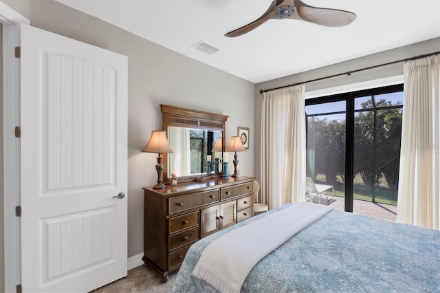 carpeted bedroom with access to outside and ceiling fan