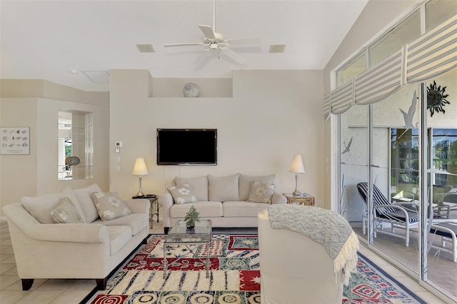 living room featuring tile patterned flooring and ceiling fan