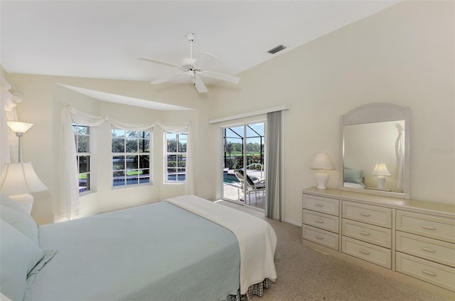 bedroom with access to exterior, ceiling fan, light colored carpet, and lofted ceiling