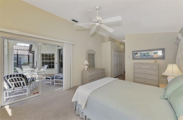 bedroom with access to outside, ceiling fan, light carpet, and lofted ceiling