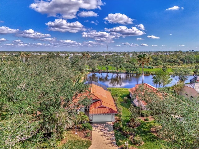 drone / aerial view with a water view