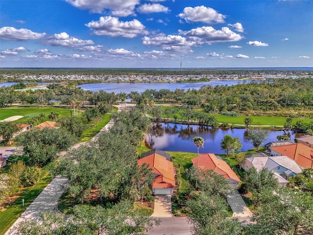 drone / aerial view with a water view