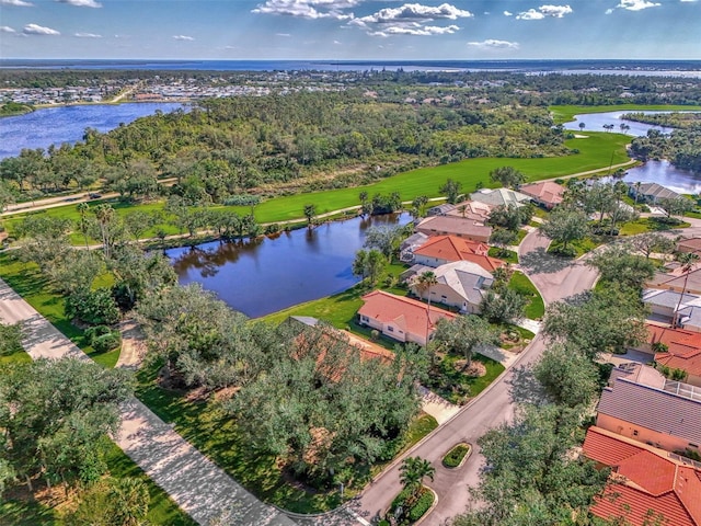 aerial view featuring a water view