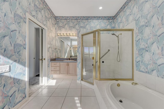 bathroom featuring vanity, tile patterned floors, and plus walk in shower