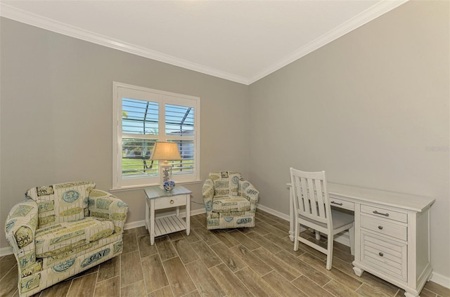 office area featuring hardwood / wood-style floors and ornamental molding