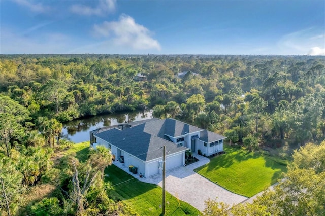 drone / aerial view with a water view