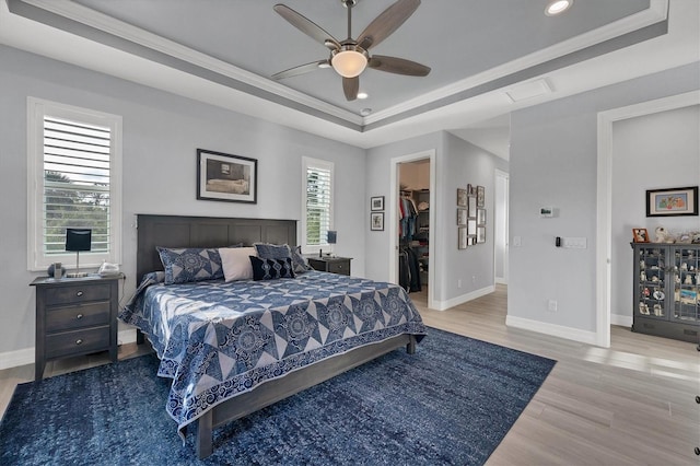 bedroom with ceiling fan, a tray ceiling, a walk in closet, a closet, and light wood-type flooring