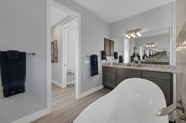 bathroom featuring vanity, wood-type flooring, and a bath