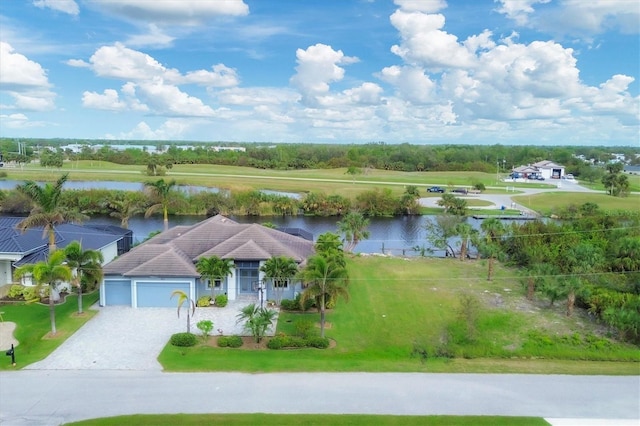 drone / aerial view featuring a water view