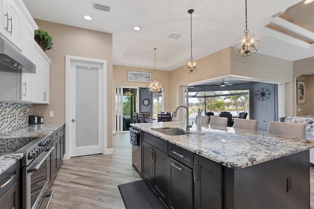 kitchen with appliances with stainless steel finishes, ceiling fan with notable chandelier, sink, white cabinets, and an island with sink