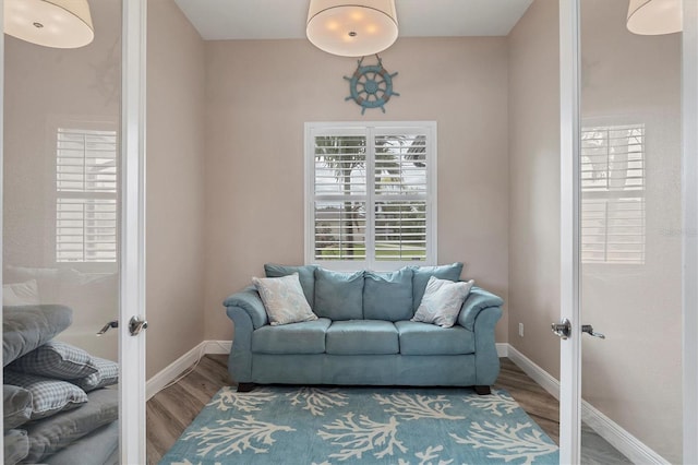 living room with hardwood / wood-style floors and french doors