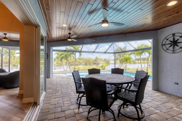 sunroom / solarium featuring ceiling fan, plenty of natural light, a water view, and wooden ceiling