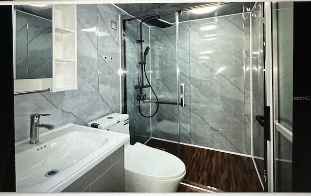 bathroom featuring toilet, tile walls, a shower with shower door, and sink