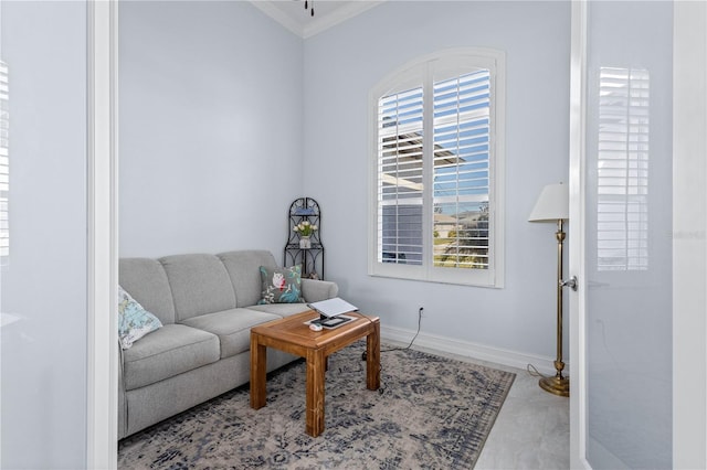 living room featuring plenty of natural light and crown molding