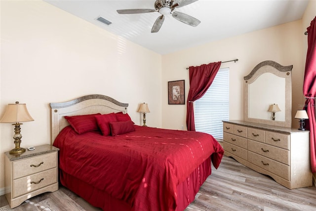 bedroom featuring ceiling fan and light wood-type flooring