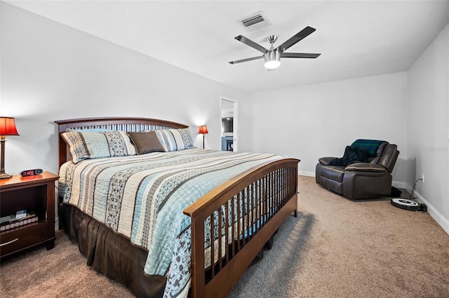 carpeted bedroom featuring ceiling fan