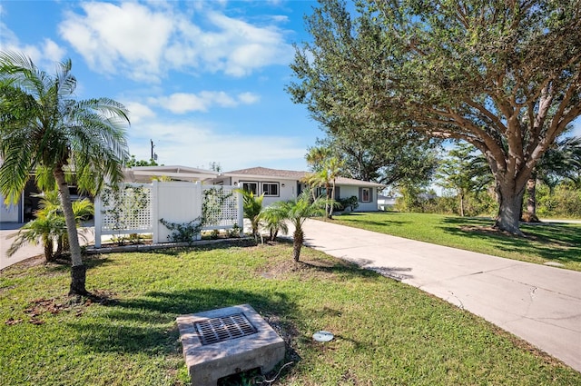 single story home featuring a front lawn