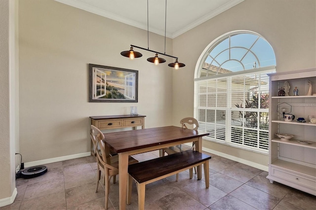 dining room with dark tile patterned floors and crown molding