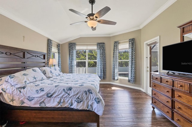 bedroom featuring lofted ceiling, ceiling fan, crown molding, and dark hardwood / wood-style floors