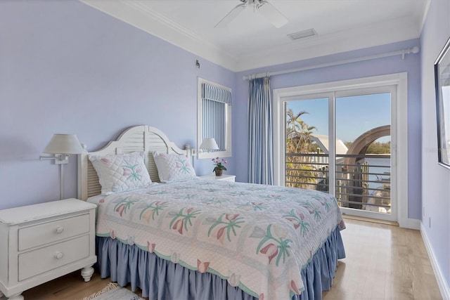 bedroom with access to outside, ceiling fan, crown molding, and light hardwood / wood-style floors