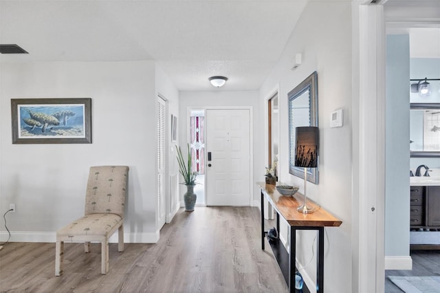 foyer entrance featuring sink and light hardwood / wood-style flooring