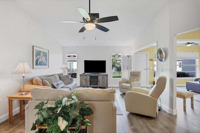 living room featuring high vaulted ceiling and light hardwood / wood-style flooring