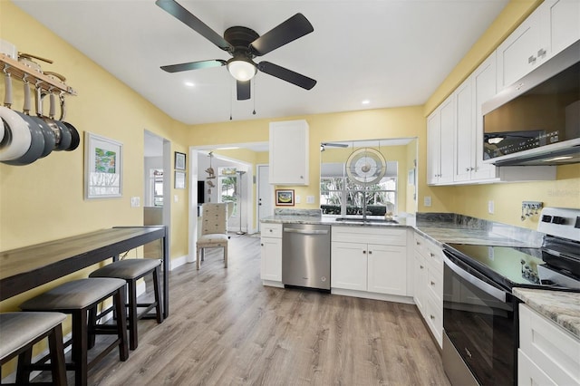 kitchen featuring white cabinets, sink, appliances with stainless steel finishes, and light hardwood / wood-style flooring