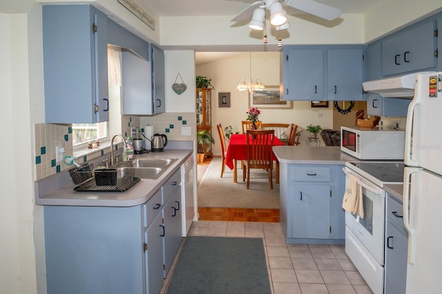 kitchen with blue cabinetry, sink, ceiling fan with notable chandelier, and white appliances