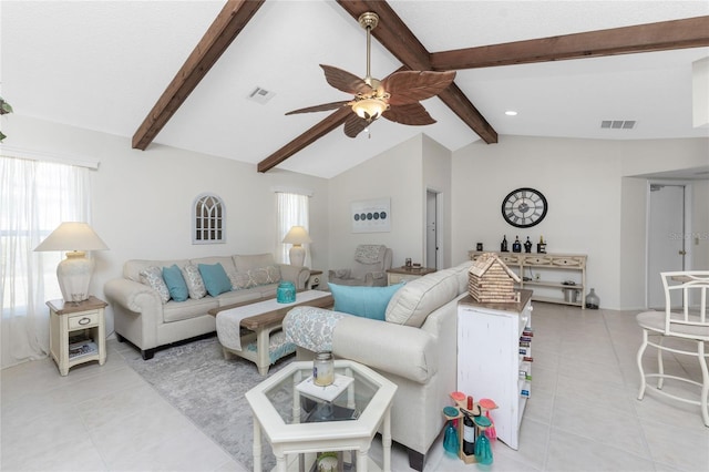 living room with vaulted ceiling with beams, ceiling fan, and light tile patterned flooring