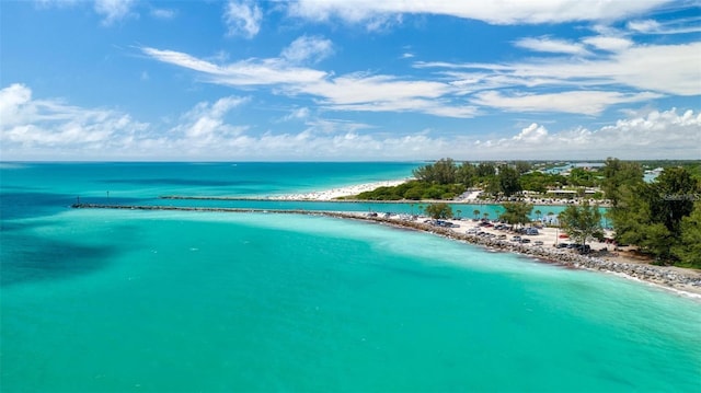 drone / aerial view featuring a water view and a view of the beach