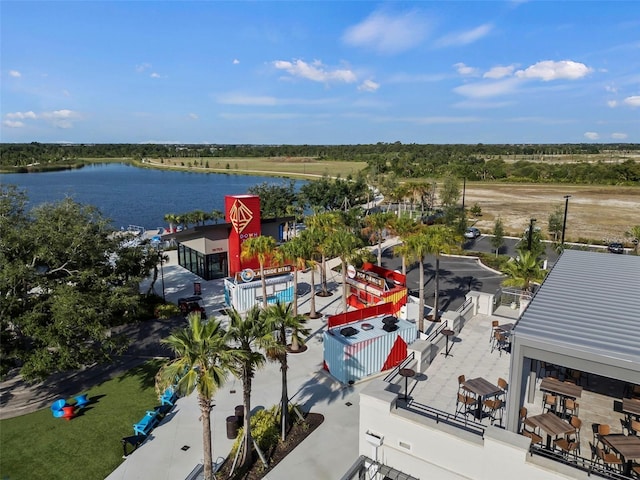 drone / aerial view featuring a water view