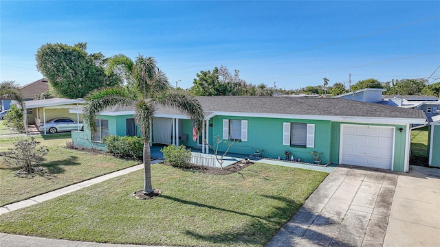 single story home featuring a front yard and a garage