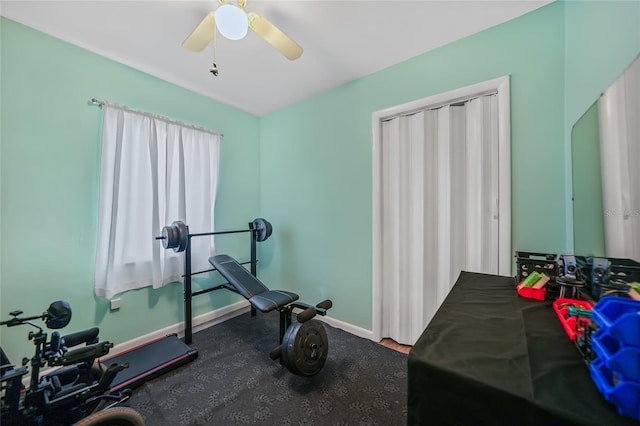 exercise area with ceiling fan