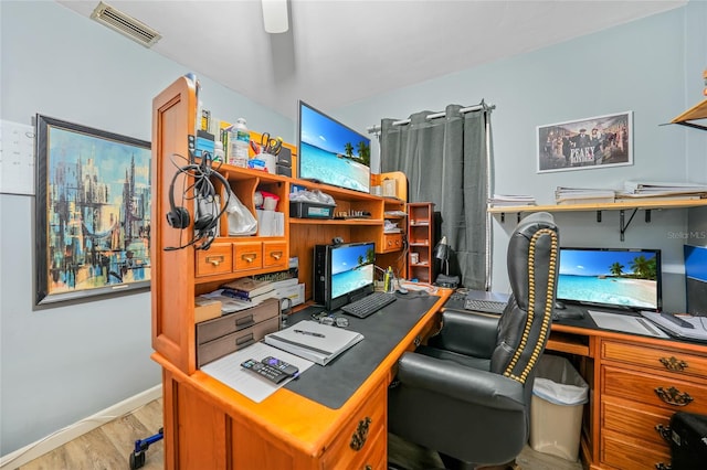 home office with light hardwood / wood-style floors