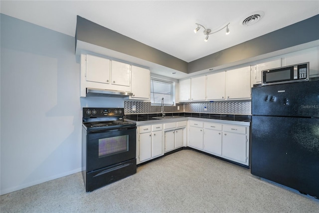 kitchen with white cabinetry, sink, tasteful backsplash, range hood, and black appliances