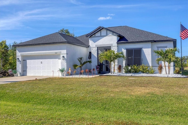 view of front of house featuring an attached garage, a shingled roof, a front lawn, stucco siding, and driveway