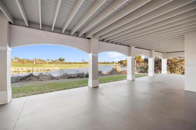 view of patio / terrace featuring a water view